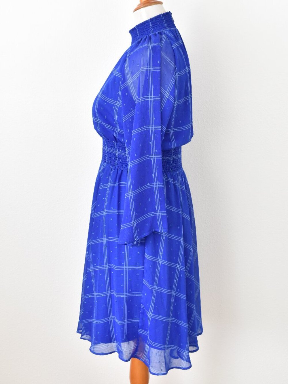 Calvin Klein Plaid Chiffon Mock Neck Smocked Detail Dress - 12 - Picture 4 of 13